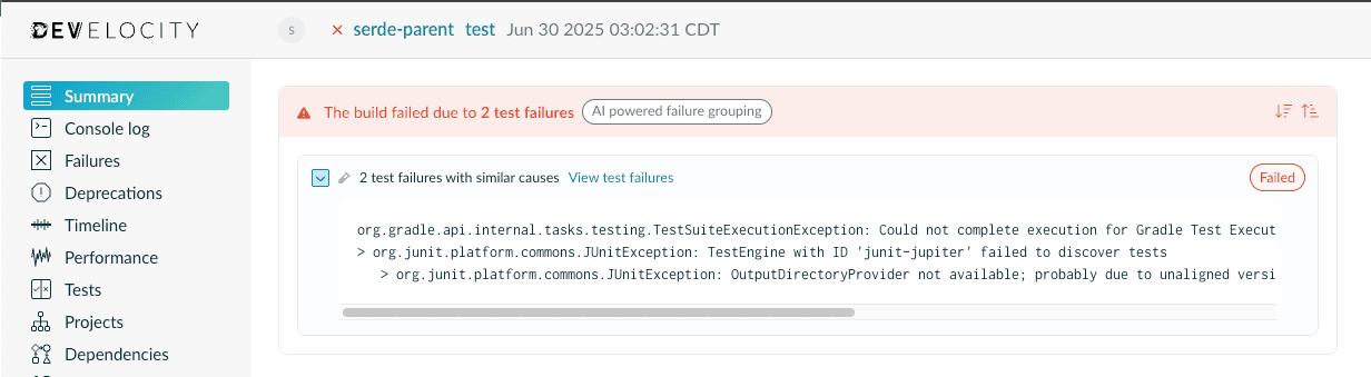 AI-powered failure grouping interface showing grouped failures